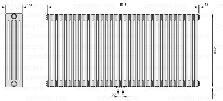 Схема (чертеж) Радиатор Zehnder Charleston 5280/33 №5410 Белый глянцевый RAL 9016
